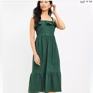 LOFT Dark Green Eyelet Midi Dress
